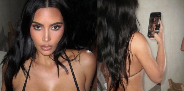Kim Kardashian pozuje w MIKROSKOPIJNYM BIKINI swojego projektu, a fani stwierdzają: "Lewis wygrał życie" (FOTO)
