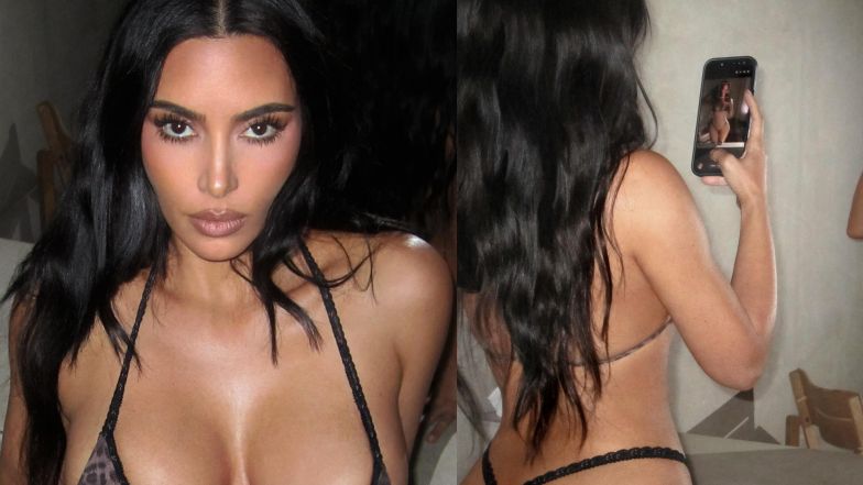 Kim Kardashian pozuje w MIKROSKOPIJNYM BIKINI swojego projektu, a fani stwierdzają: "Lewis wygrał życie" (FOTO)