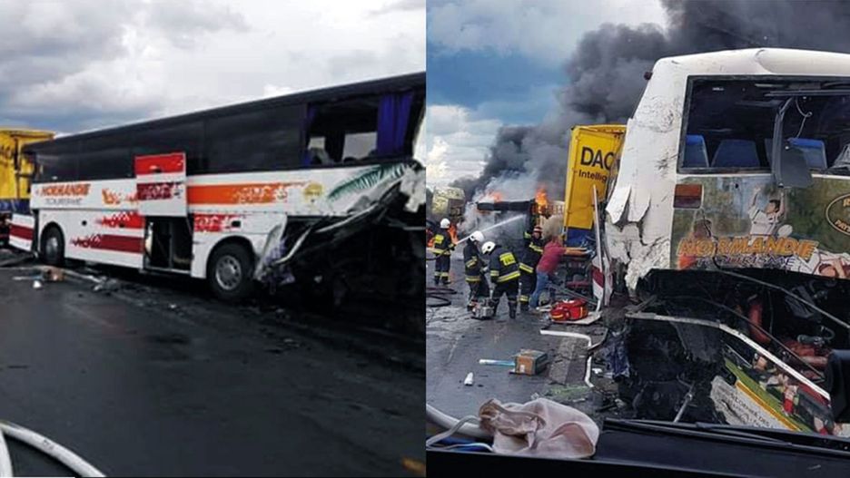 Wypadek na DK1 pod Częstochową. Zderzenie autobusu i ciężarówek. Są ranni (fot. OSP Bogusławice/OSP KSRG Kruszyna)