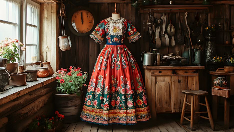 folk, floral, dress, embroidery, vibrant, craftsmanship, traditional, artisan, decorative, hungarian, wooden, elegant, rustic, historic, room, costume, patterning, gown, fabric, attire, stitching, festival, intricate, artistry, craft, culture, fashion, folkart, woodwork, vintage, retro, needlework, heritage, flowers, needle, textile, blossoms, ethnic, rural, beauty, ornate, colorful, style, design