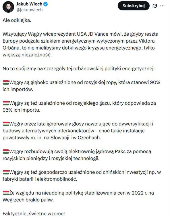Jakub Wiech tłumaczy "niezależność" energetyczną Węgier