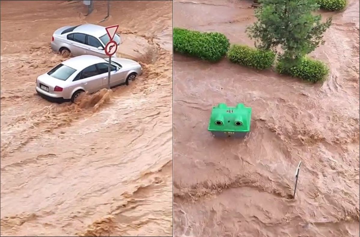 Climate change affects Spain. Massive downpours turn Murcia streets into raging muddy torrents