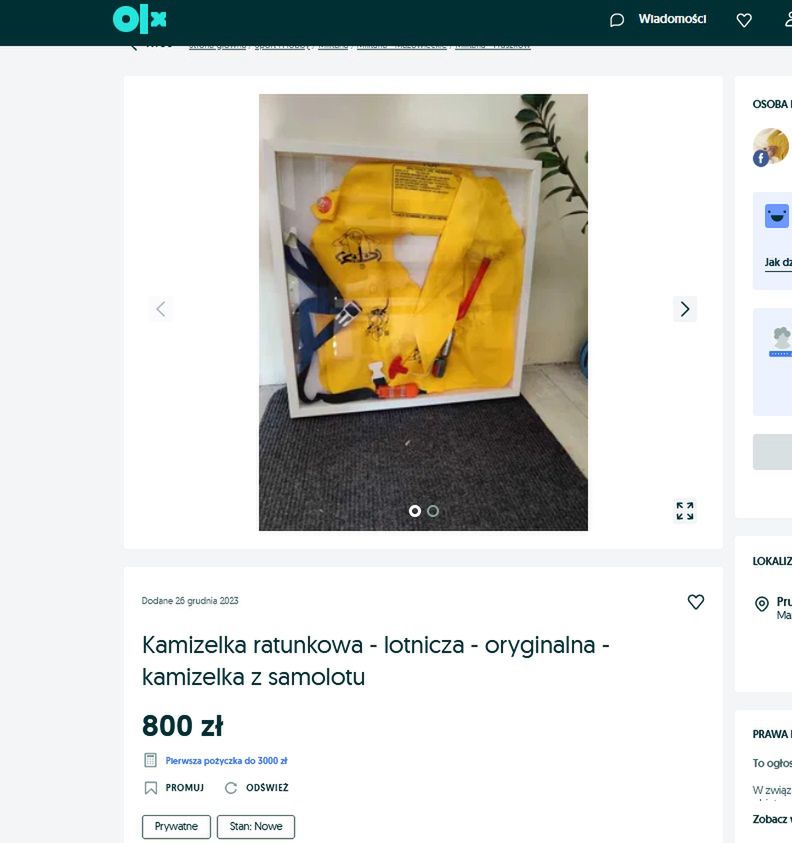 Kamizelka z samolotu za 800 zł