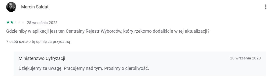 Komentarz pod aplikacją mObywatel w Sklepie Play.