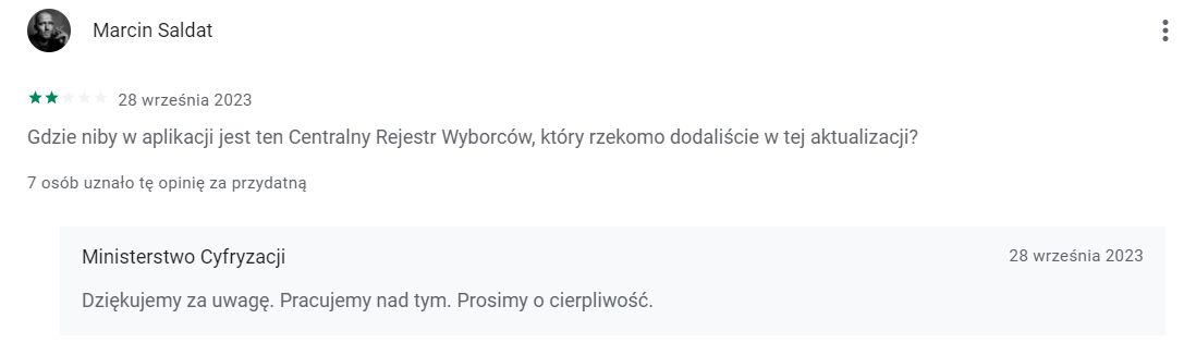 Komentarze pod aplikacją mObywatel.