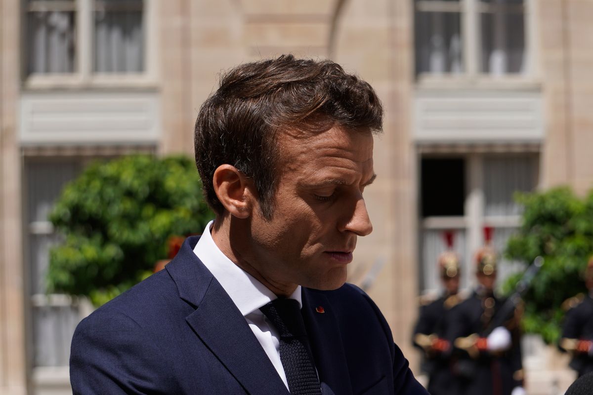 France's President Macron  delivers a speech before a working lunch with Australia's Prime Minister Anthony Albanese at the presidential Elysee Palace  July 1, 2022, Paris (Photo by Daniel Pier/NurPhoto via Getty Images)