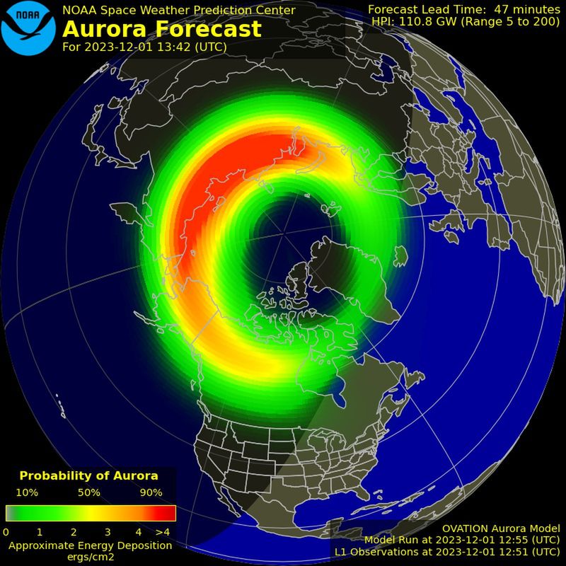 Zasięg aurora borealis 1 grudnia prognozowany na 14:42 (dane pobrane o 13:42)