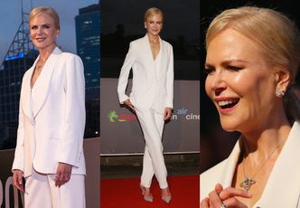 "Woskowa" Nicole Kidman promuje nowy film w białym garniturze Ermanno Scervino
