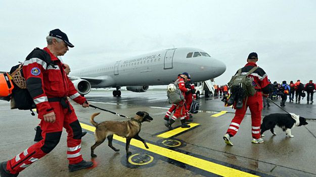 Ratownicy przybywają do Nepalu z wielu krajów. Na zdjęciu: holenderska grupa poszukiwawcza z psami