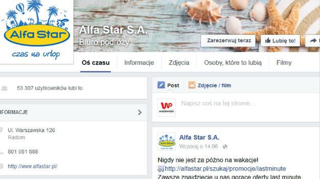 Jeszcze w piątek na Facebooku Alfa Star oferowało wyjazdy "last minute"
