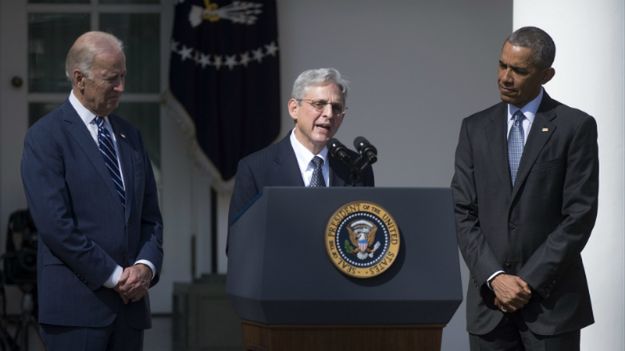 Od lewej: wiceprezydent USA Joseph Biden, Merrick Garland i prezydent USA Barack Obama
