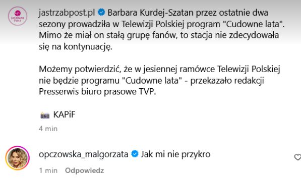 Komentarz Małgorzaty Opczowskiej na Instagramie