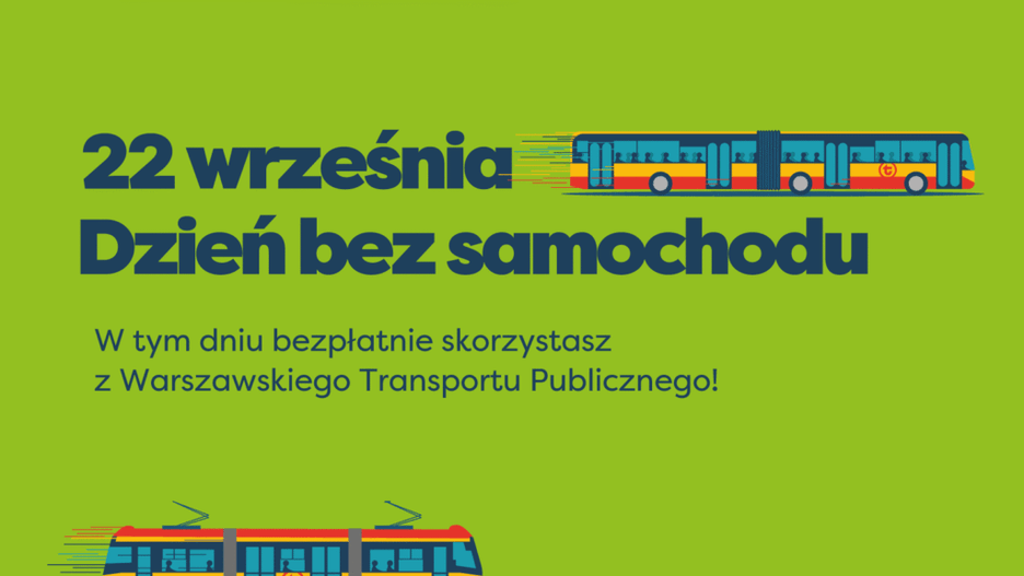 Grafika promująca Dzień bez samochodu z datą 22 września oraz informacją o bezpłatnym korzystaniu z transportu publicznego.