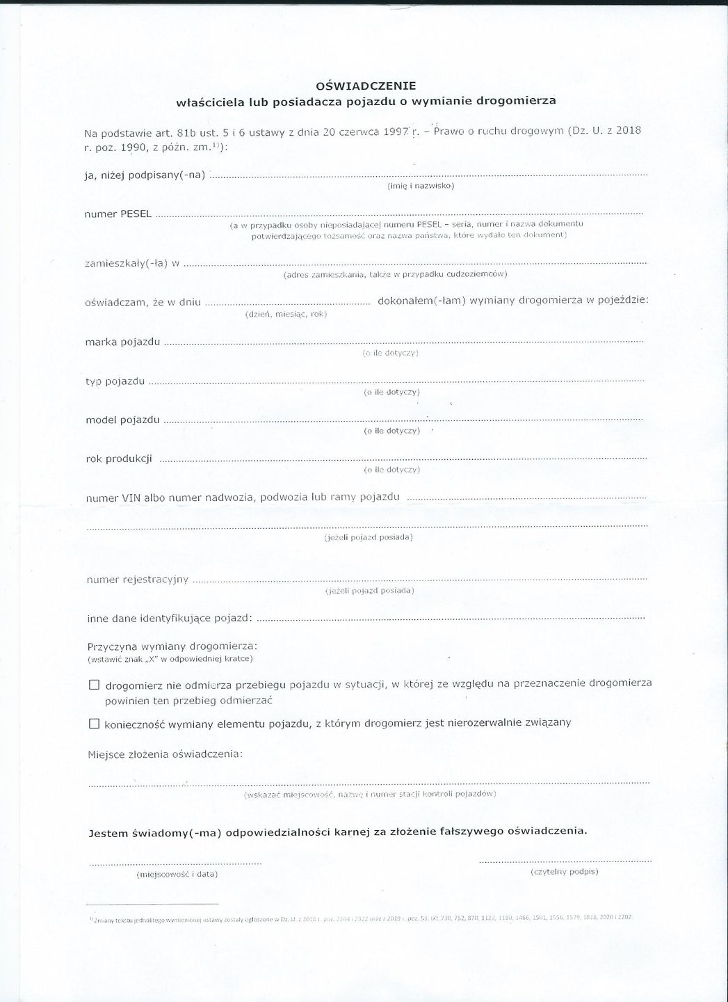 Tak wygląda wzór oświadczenia o wymianie drogomierza