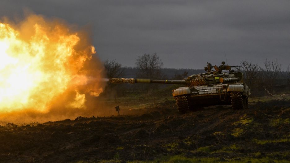 DONETSK OBLAST, UKRAINE - MARCH 29: (EDITORS NOTE: The tank number has been blurred) A Ukrainian tank performs during firing practice amid Russia-Ukraine war on the frontline of Donetsk Oblast, Ukraine on March 29, 2023. (Photo by Muhammed Enes Yildirim/Anadolu Agency via Getty Images)