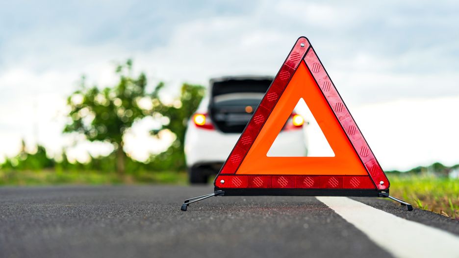 Problems car and a red triangle warning sign on the roadcar, road, assistance, triangle, breakdown, roadside, red, emergency, warning, broken, sign, accident, problem, down, vehicle, safety, help, highway, traffic, trouble, driver, travel, engine, danger, automobile, failure, auto, side, transportation, tyre, silver, stop, light, reflective, repair, automotive, summer, nature, blue, fuel, empty, space, outdoor, push, petrol, caution, damaged, move, gas, white