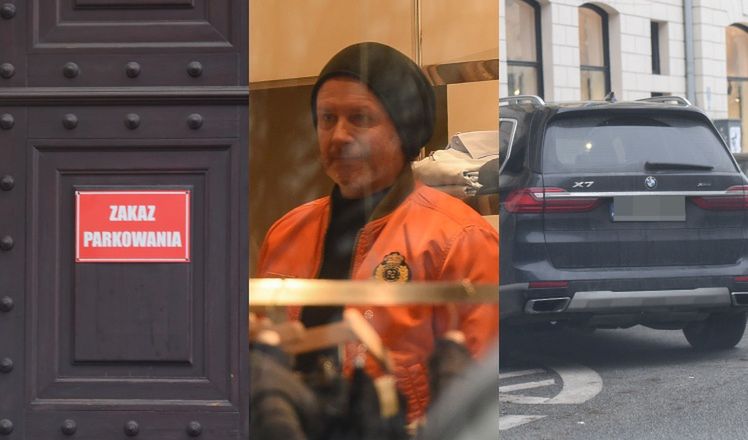 Radosław Majdan parkuje na zakazie i idzie do butiku 