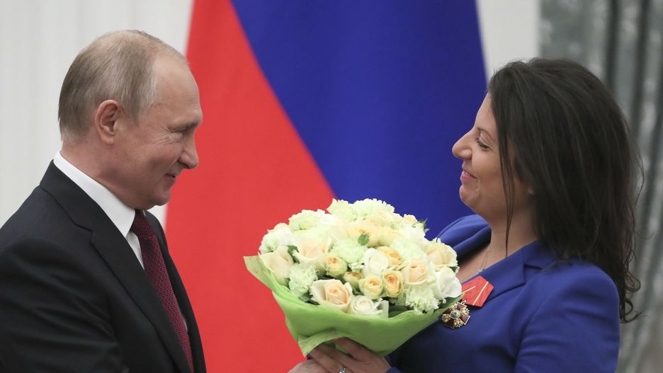 TemporaryRussian President Vladimir Putin awards Margarita Simonyan, the head of the Russian television channel RT with the Order of Alexander Nevsky during an awarding ceremony in the Kremlin in Moscow, Russia, Thursday, May 23, 2019. (Evgenia Novozhenina/Pool Photo via AP)Pool Reuters