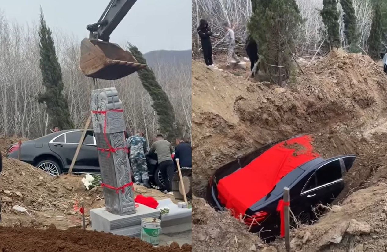 Samochód zakopany w ziemi podczas pogrzebu