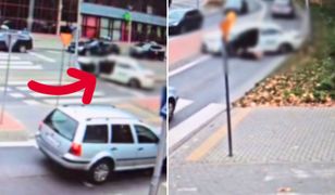 Sceny pod dworcem PKP. Taksówka ruszyła na ulicę bez kierowcy