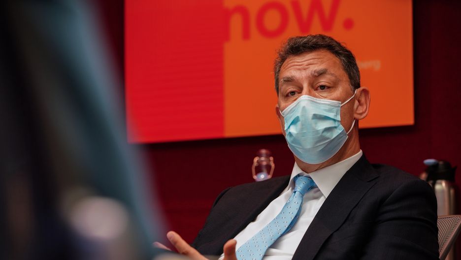 Albert Bourla, chief executive officer of Pfizer Inc., speaks during an interview in New York, U.S., on Monday, Nov. 8, 2021. Pfizer Inc. is aiming to submit data from its experimental Covid-19 pill to U.S. regulators by the Nov. 25 Thanksgiving holiday, potentially clearing the way for an emergency-use authorization, according to Bourla. Photographer: Christopher Goodney/Bloomberg via Getty Images