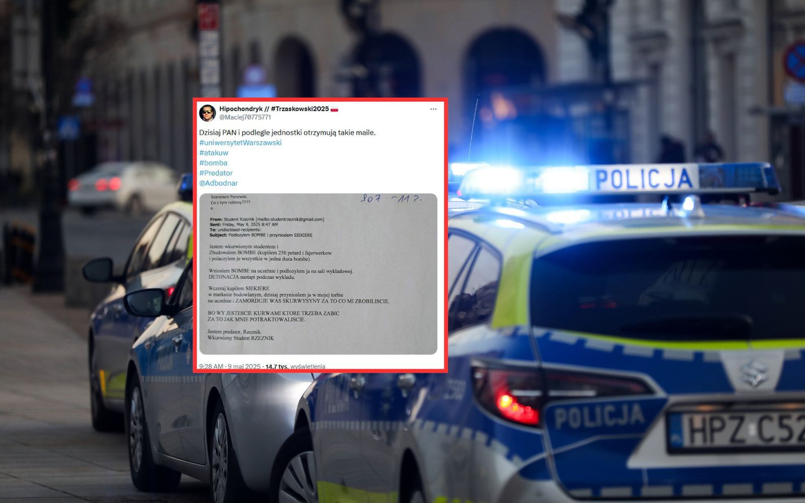 Ewakuacja budynku UW. Dostali maila. Autor cytuje Miłosza R.
