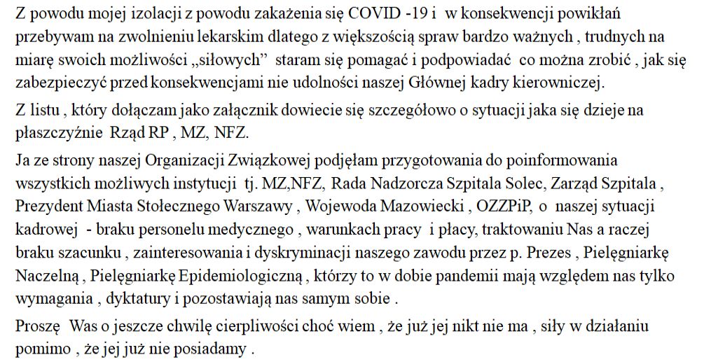 Pismo Przewodniczącej Zakładowego Związku Pielęgniarek i Położnych w Szpitalu Solec Agnieszki Banach do pracowników placówki.