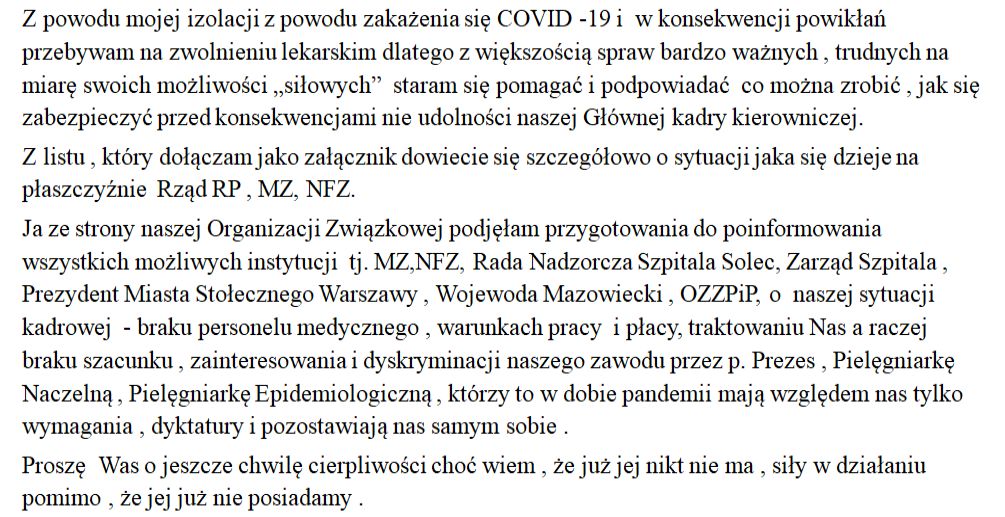 Pismo Przewodniczącej Zakładowego Związku Pielęgniarek i Położnych w Szpitalu Solec Agnieszki Banach do pracowników placówki