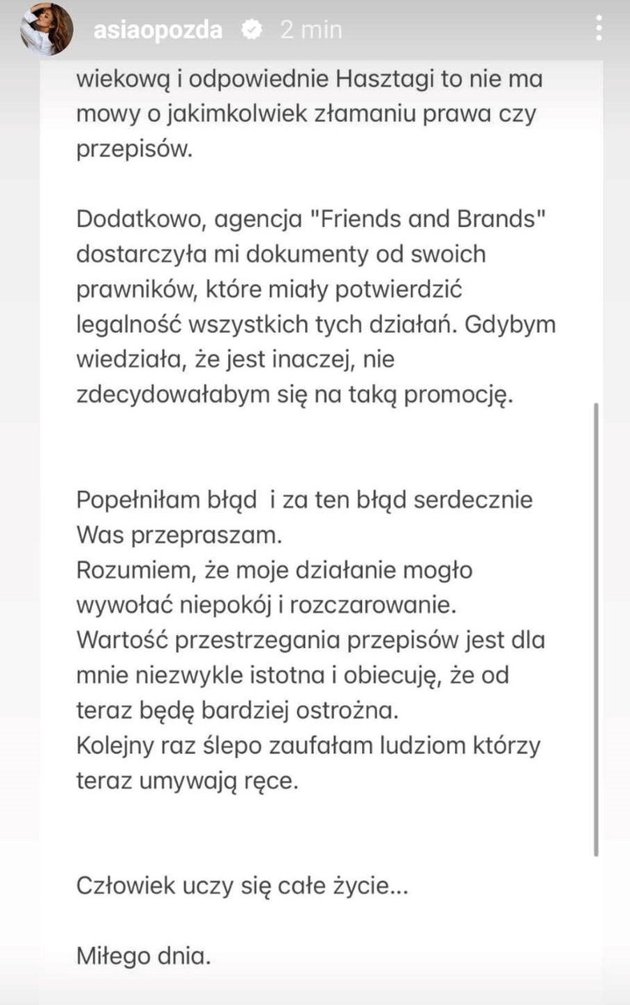 Joanna Opozda wydała oświadczenie w sprawie promowania alkoholu
