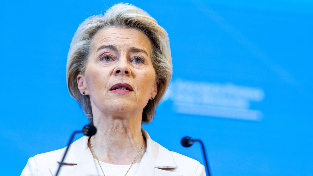 European Commission President Ursula von der Leyen is speaking during a press conference after her meeting with Polish Prime Minister Donald Tusk and Belgian Prime Minister Alexander De Croo at the Prime Minister's Office in Warsaw, Poland, on February 23, 2024. (Photo by Andrzej Iwanczuk/NurPhoto via Getty Images)