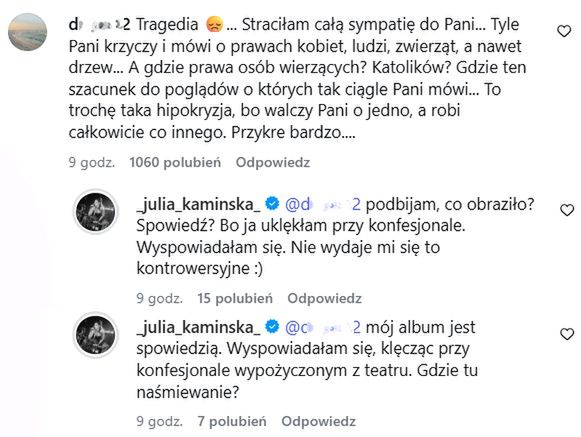 Komentarze Julii Kamińskiej na Instagramie