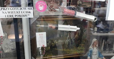 "Fałszywa pandemia" i strzykawka z płodem. Skandaliczna witryna sklepu