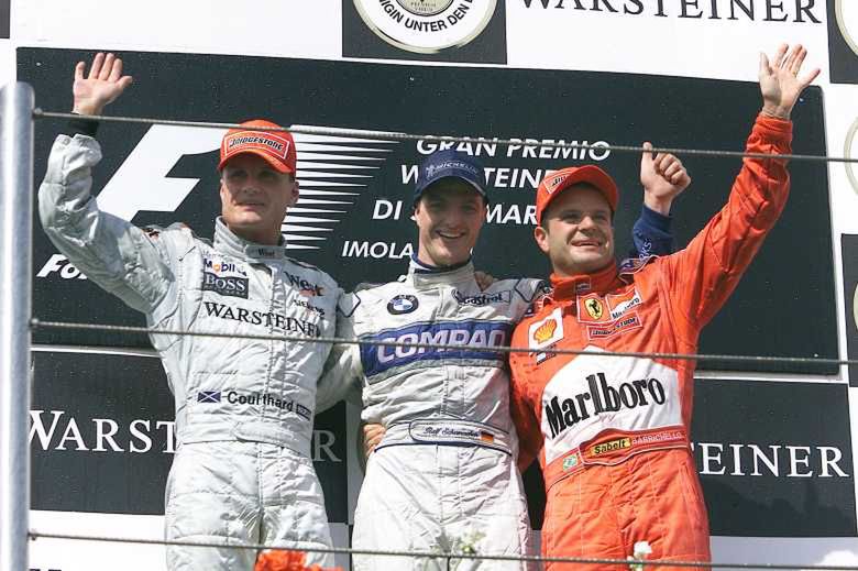 David Coulthard, Ralf Schumacher i Rubens Barrichello na podium GP San Marino w roku 2001 (fot. Ferrari)