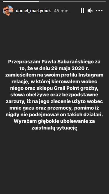 Daniel Martyniuk przeprasza właściciela sklepu Grail Point.