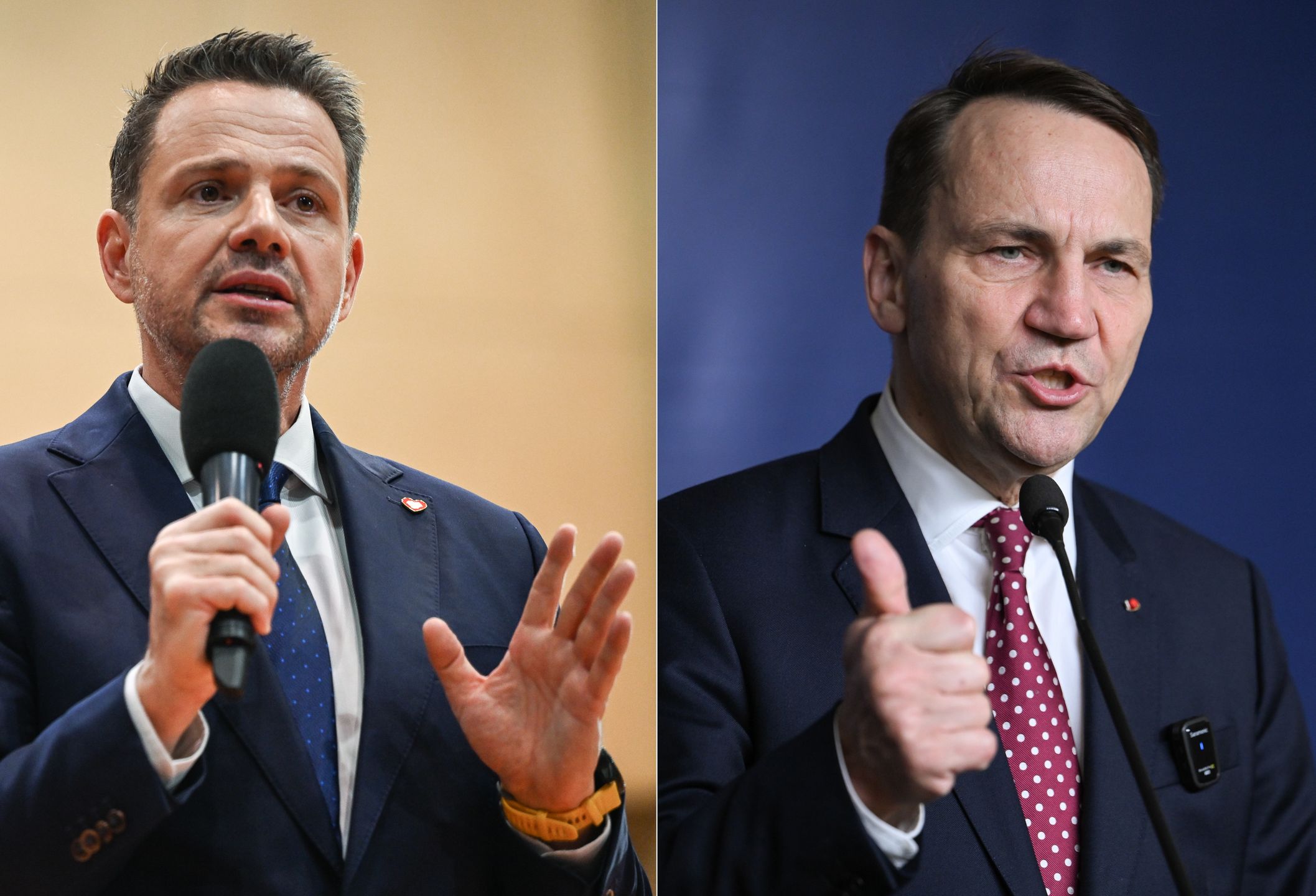 KRAKOW, POLAND - NOVEMBER 22:   
Mayor of Warsaw Rafal Trzaskowski (L) and Poland's Minister of Foreign Affairs Radoslaw Sikorski (R), both Civic Platform candidates in the party's primary election to nominate a candidate for the 2025 presidential election, on November 22, 2024 in Krakow, Poland.
This collage uses two file photos: one of Rafal Trzaskowski from November 16, 2024, and another of Radoslaw Sikorski from November 19, 2024. (Photo by Artur Widak/NurPhoto via Getty Images)