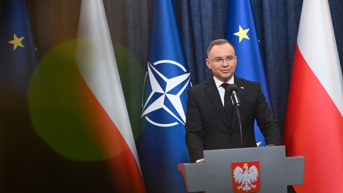 WARSAW, POLAND - FEBRUARY 18: Polish President, Andrzej Duda delivers a press statement after a meeting with the US special envoy for Ukraine and Russia, Keith Kellogg (not seen) at the Presidential Palace in Warsaw, Poland on February 18, 2025. (Photo by Omar Marques/Anadolu via Getty Images)