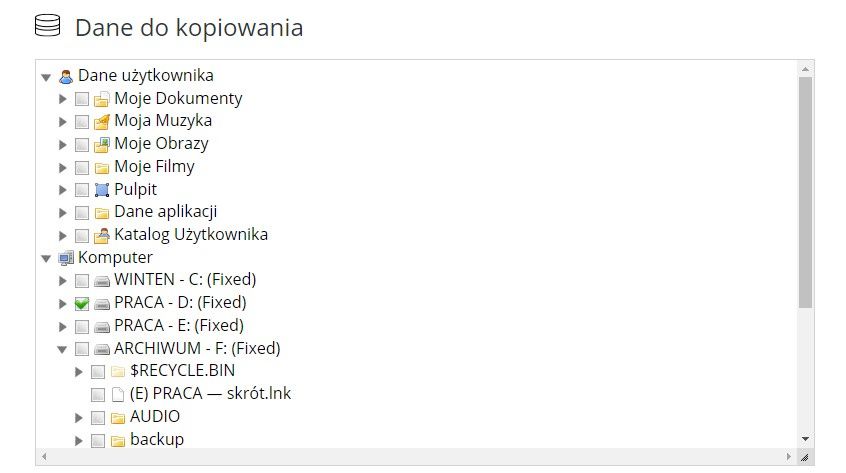 Cloud Backup dane do kopiowania