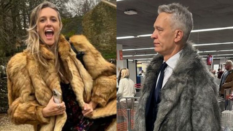 Ubrani w futra Aleksandra i Michał Żebrowscy relacjonują wyjazd bez dzieci