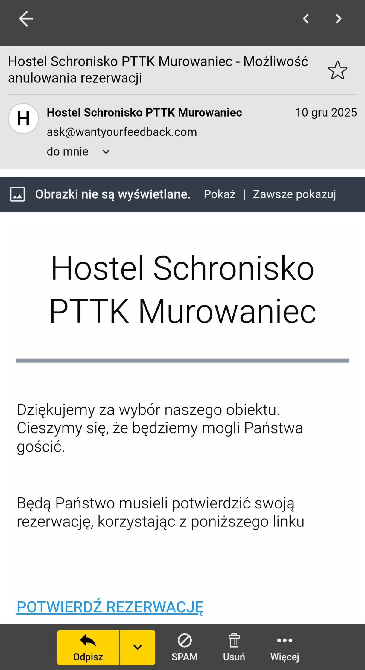 Fałszywy mail o rzekomym anulowaniu rezerwacji w schronisku Murowaniec