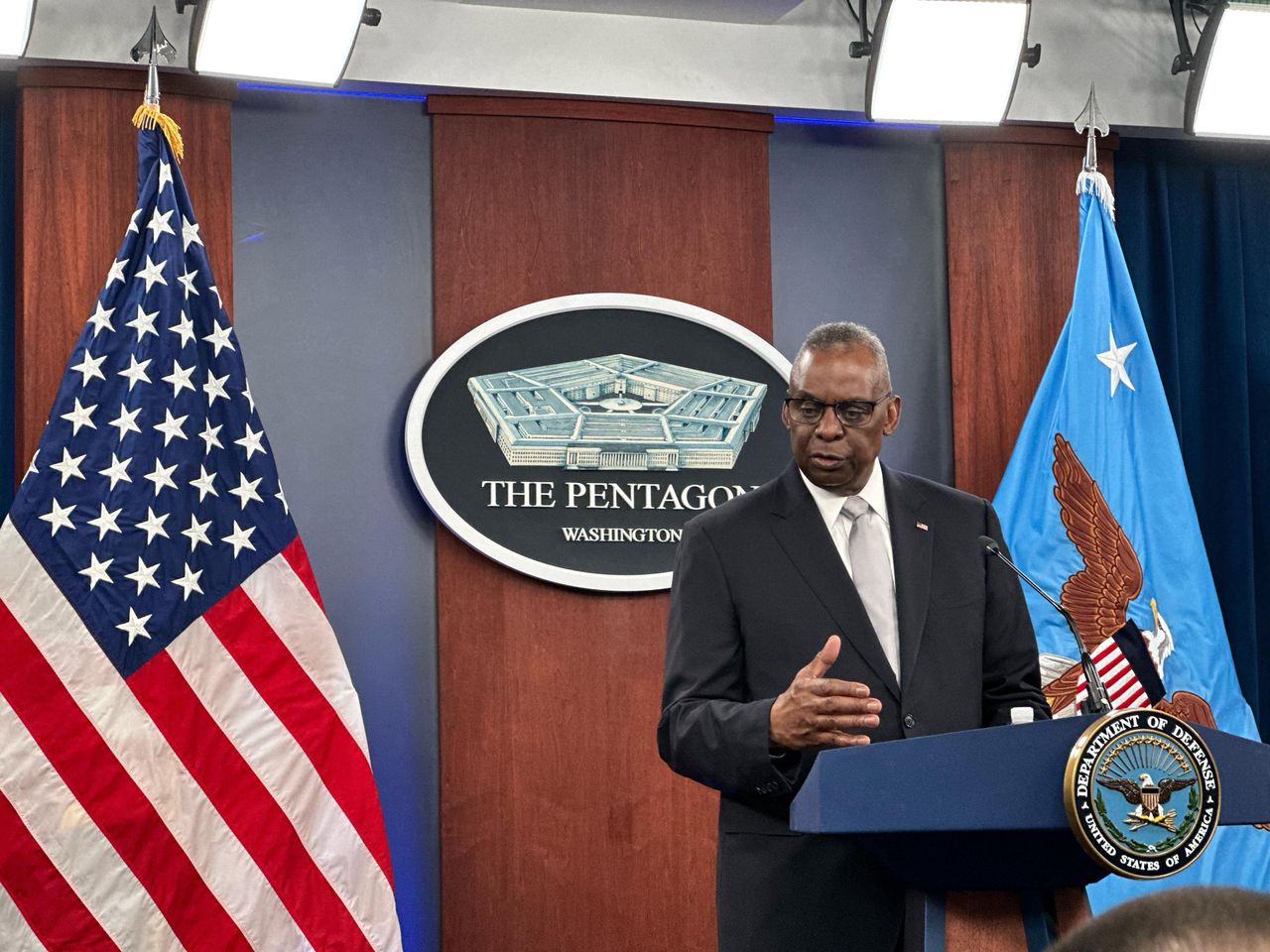 WASHINGTON D.C., UNITED STATES - FEBRUARY 01: US Secretary of Defense Lloyd Austin speaks during a press conference at Pentagon for the first time since his recent hospitalization due to a prostate cancer diagnosis on February 01, 2024. (Photo by Can Hasasu/Anadolu via Getty Images)