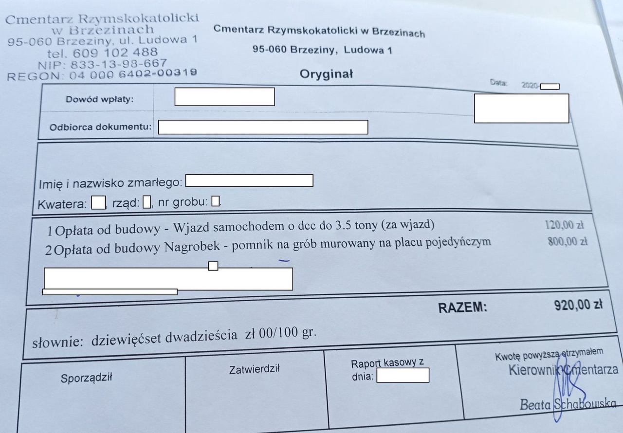 Rachunek za wpuszczenie na cmentarz i zgodę na budowę nagrobka: łącznie 920 zł