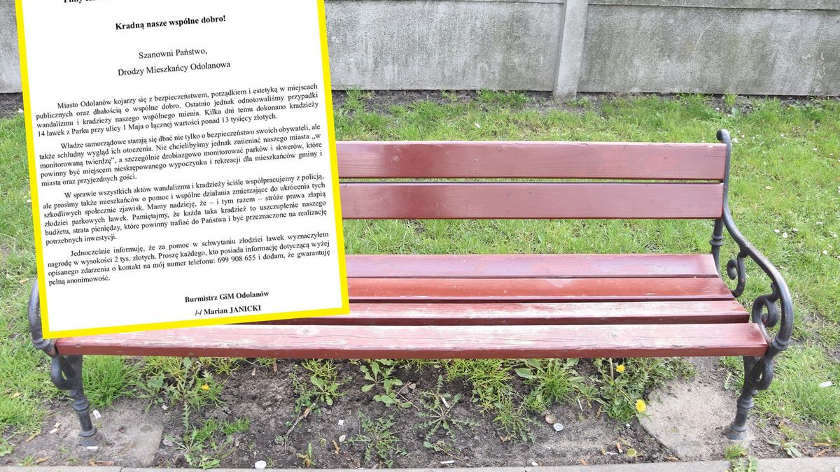 W Odolanowie (woj. wielkopolskie) z parku przy ul. 1 maja skradziono 14 ławek. 