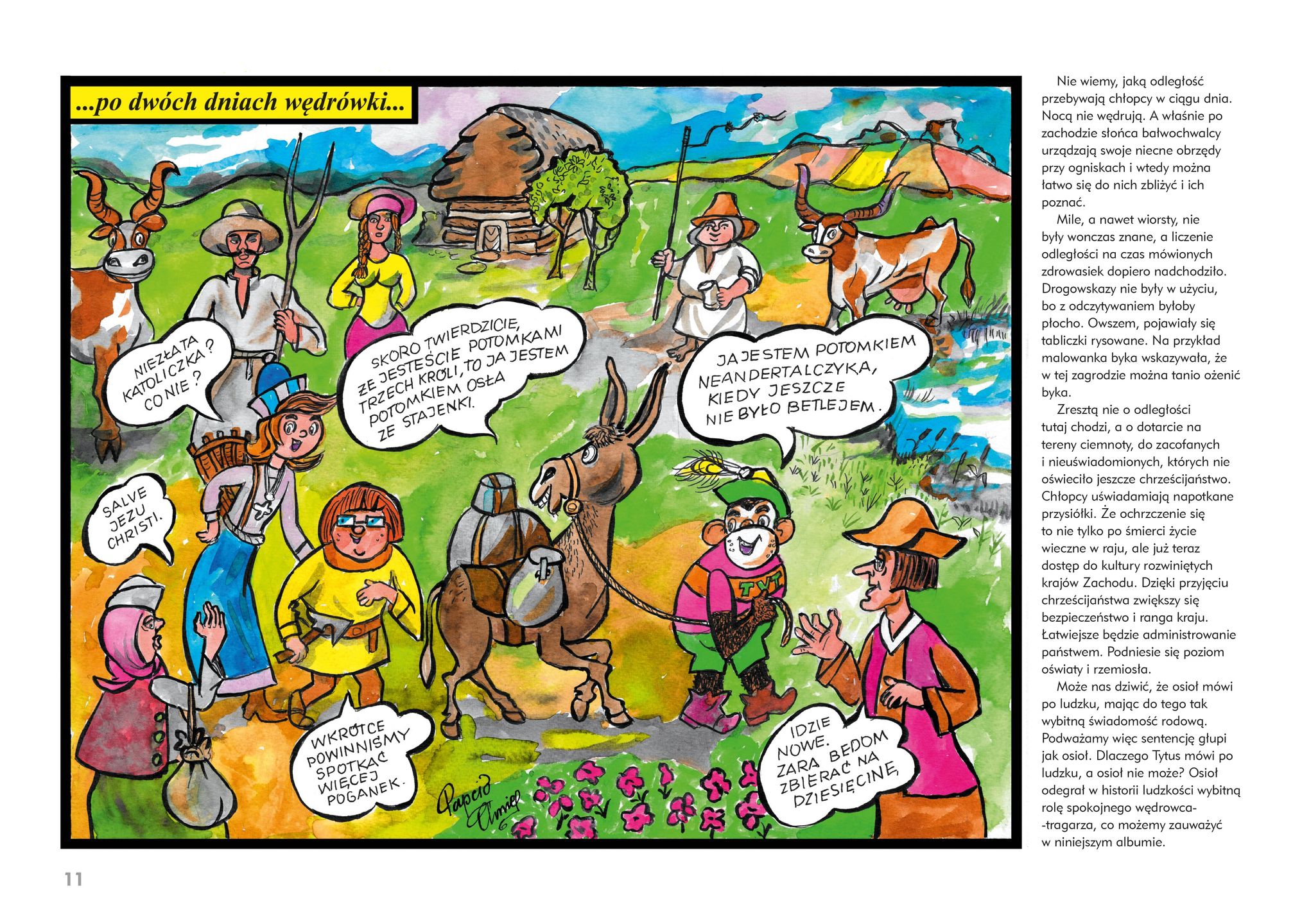 Fragment komiksu "Tytus, Romek i A’Tomek pomagają księciu Mieszkowi I ochrzcić Polskę".