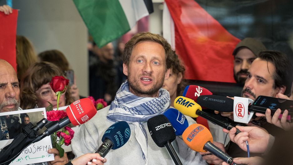 Franciszek Sterczewski speaks at a press conference in Warsaw, Poland, on September 8, 2025, following the arrival of Polish activists from the Global Sumud Flotilla deported from Israel. (Photo by Marek Antoni Iwanczuk/NurPhoto via Getty Images)