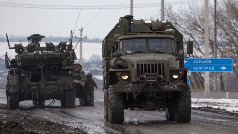 Military hardware moves across Belgorod Region, RussiaBELGOROD REGION, RUSSIA - FEBRUARY 26, 2022: A column of Russian military vehicles is seen near the village of Oktyabrsky, Belgorod Region, near the Russian-Ukrainian border. Early on 24 February, Russia's President Putin announced his decision to launch a special military operation after considering requests from the leaders of the Donetsk People's Republic and the Lugansk People's Republic. Anton Vergun/TASS (Photo by Anton Vergun\TASS via Getty Images)Anton Verguneast ukraine, operation