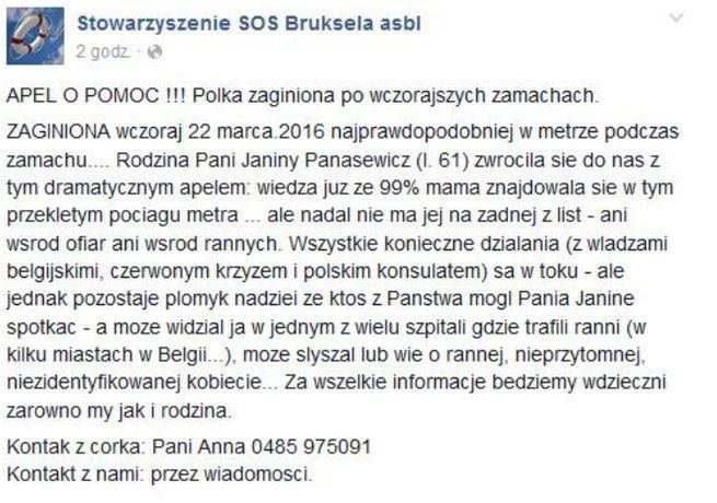 Janina Panasewicz zaginęła po zamachac w Brukseli