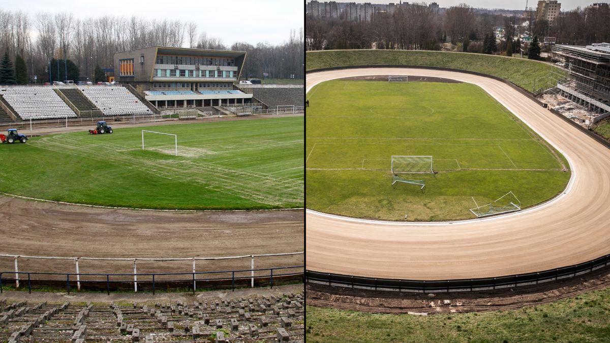 Na zdjeciu: stadion Skałka w Świętochłowicach w 2018 roku (po lewej) i obecnie