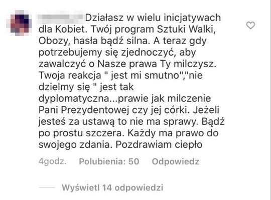 Anna Lewandowska tłumaczy, czemu nie wspiera protestujących