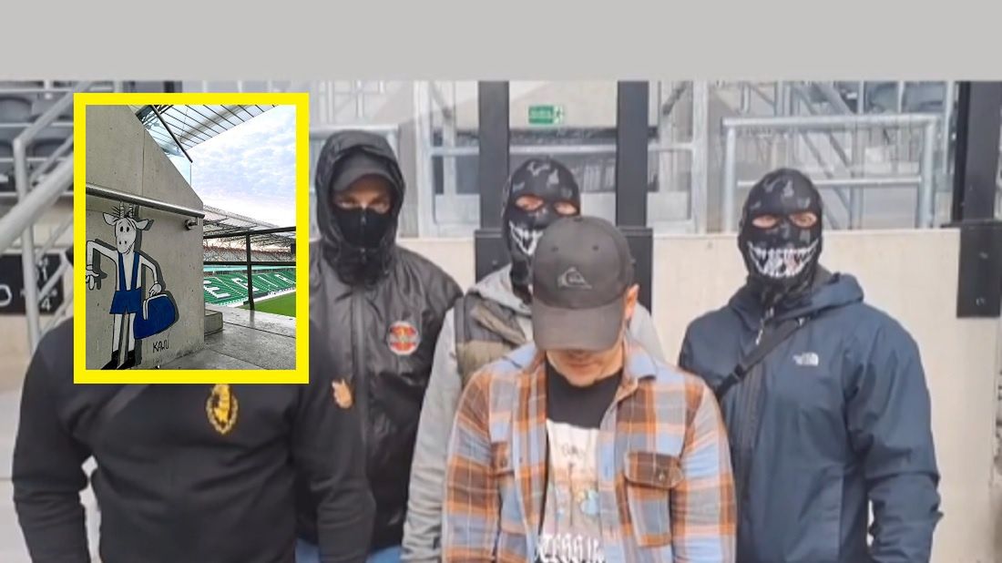 Na zdjęciu: ultrasi Pogoni Szczecin i złapany przez nich graficiarz Lecha Poznań