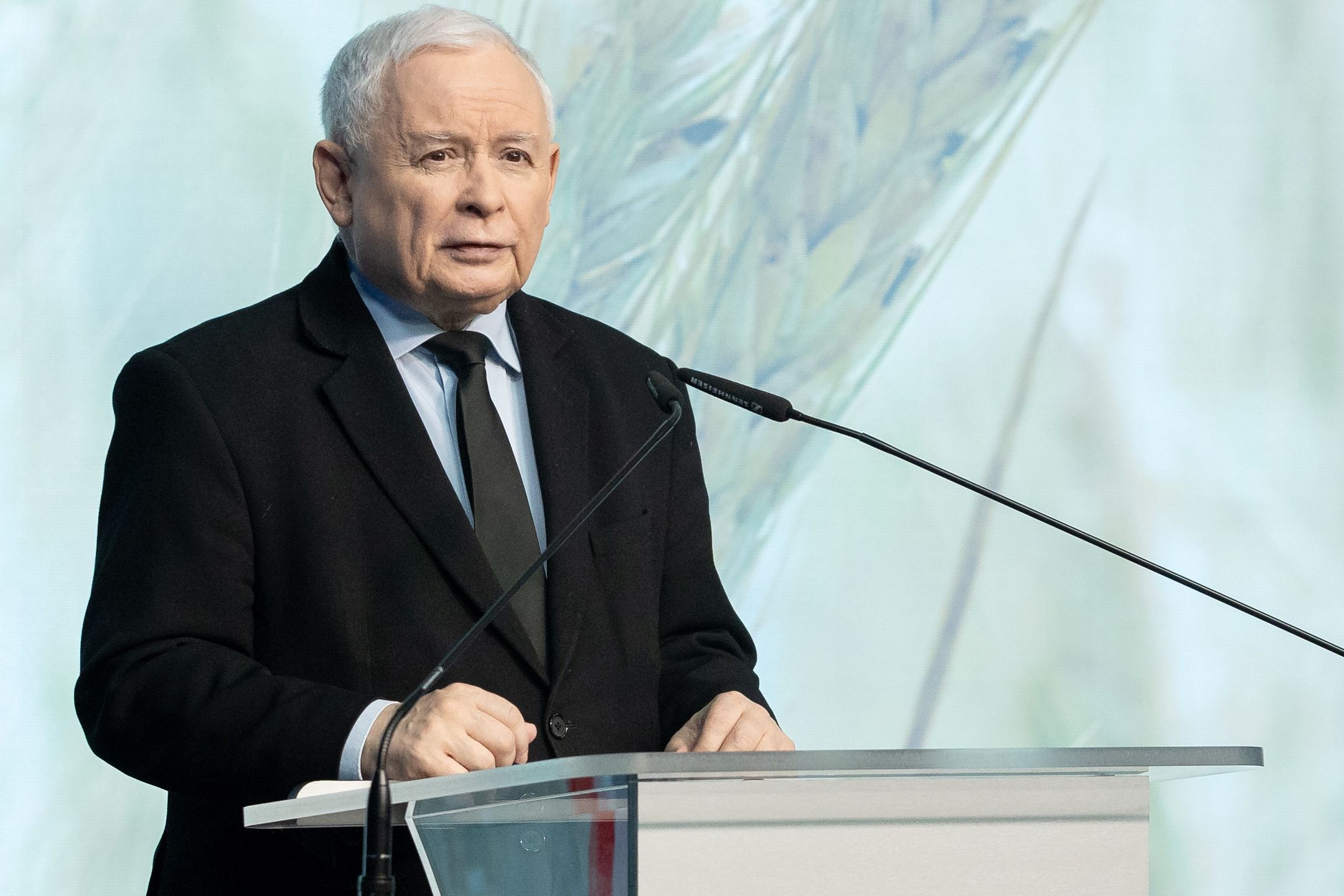 Jaroslaw Kaczynski, the leader of the Law and Justice party (PiS), is speaking during a press conference in Warsaw, Poland, on January 22, 2024. (Photo by Foto Olimpik/NurPhoto via Getty Images)